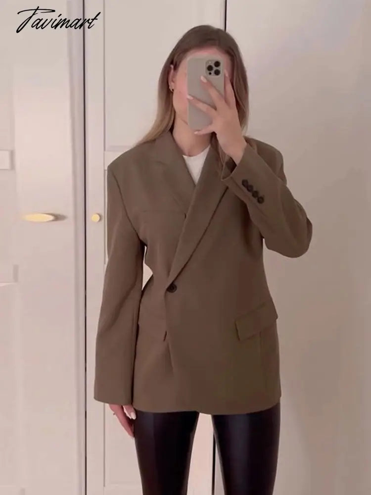 Women Lapel Single Button Classic Vintage Blazer Dark Green Long Sleeve Pocket Outwear Office Lady Loose Coat Suit Jacket