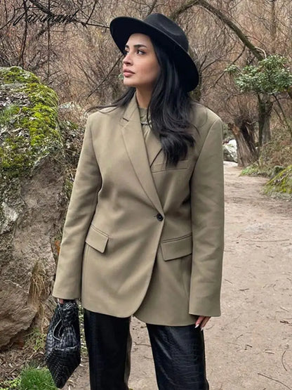 Women Lapel Single Button Classic Vintage Blazer Dark Green Long Sleeve Pocket Outwear Office Lady Loose Coat Suit Jacket