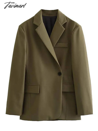 Women Lapel Single Button Classic Vintage Blazer Dark Green Long Sleeve Pocket Outwear Office Lady Loose Coat Suit Jacket