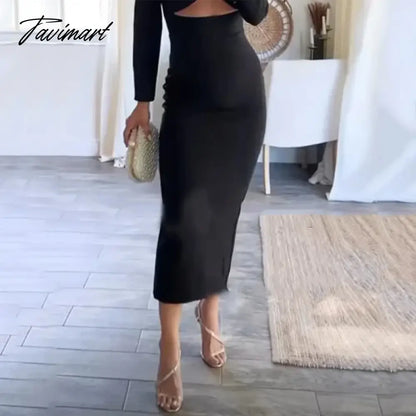 Women Long Dress Autumn Fashion Full Sleeve Solid Black Sexy Cutout Gown Elegant Bodycon Party Dress High Streetwear