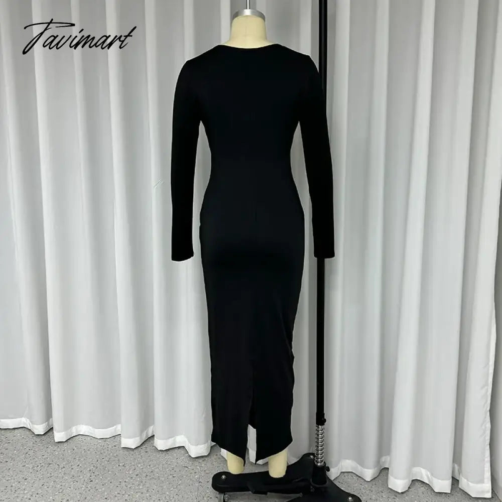 Women Long Dress Autumn Fashion Full Sleeve Solid Black Sexy Cutout Gown Elegant Bodycon Party Dress High Streetwear