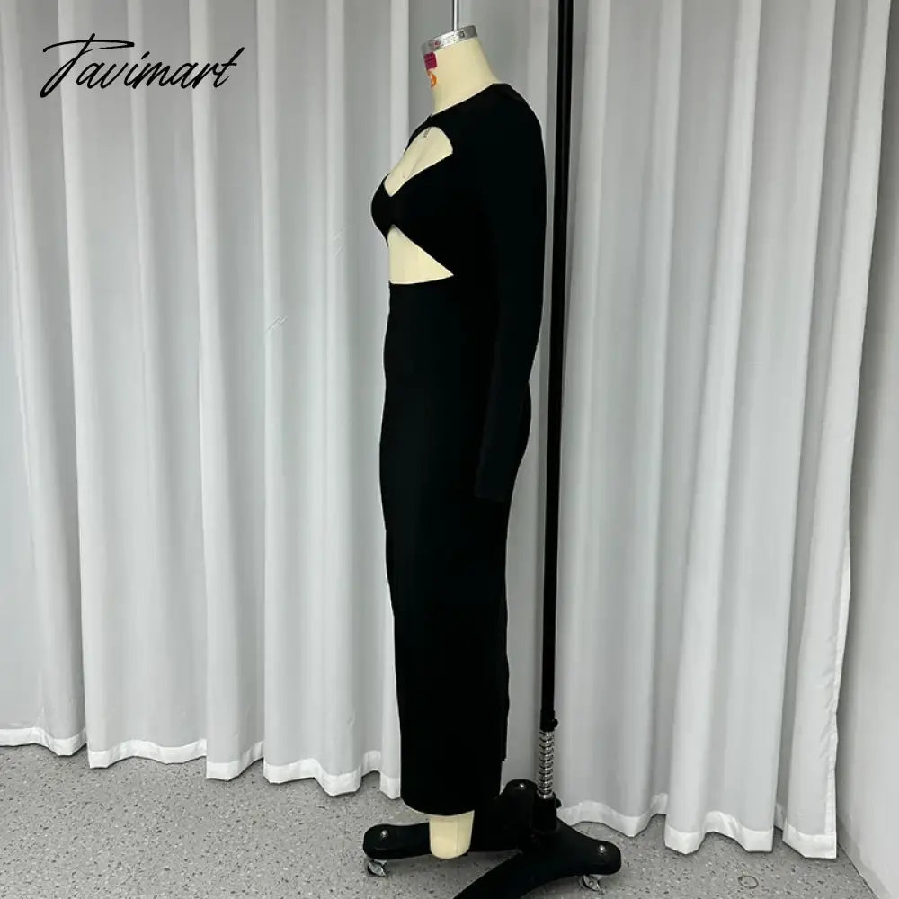 Women Long Dress Autumn Fashion Full Sleeve Solid Black Sexy Cutout Gown Elegant Bodycon Party Dress High Streetwear
