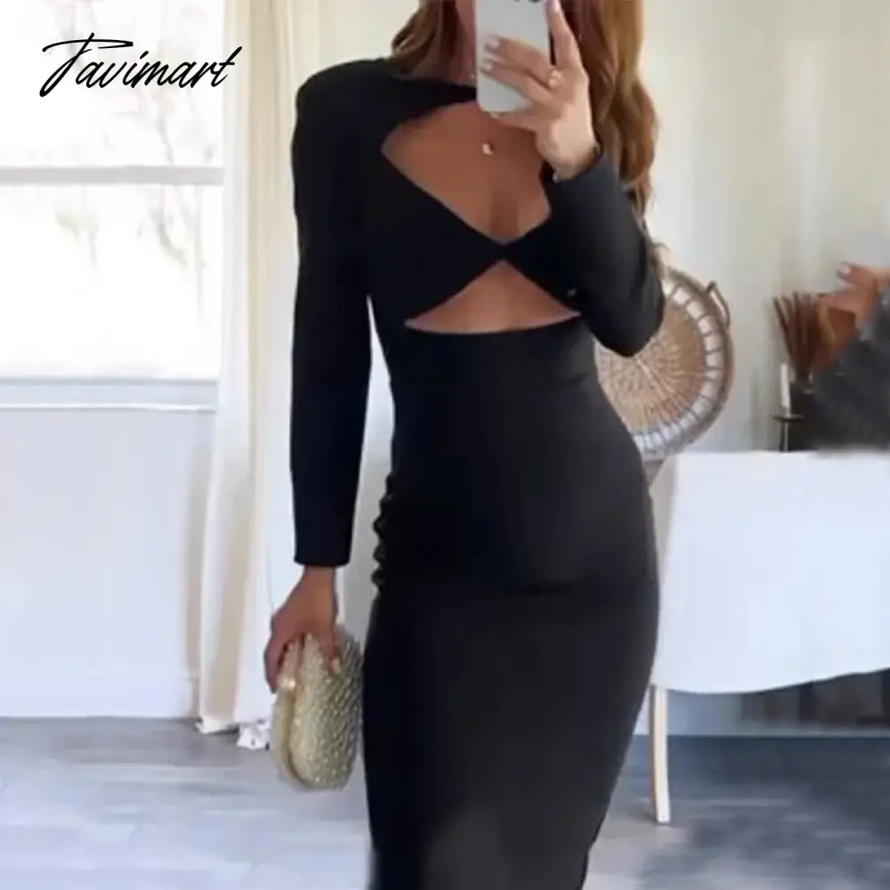 Women Long Dress Autumn Fashion Full Sleeve Solid Black Sexy Cutout Gown Elegant Bodycon Party Dress High Streetwear