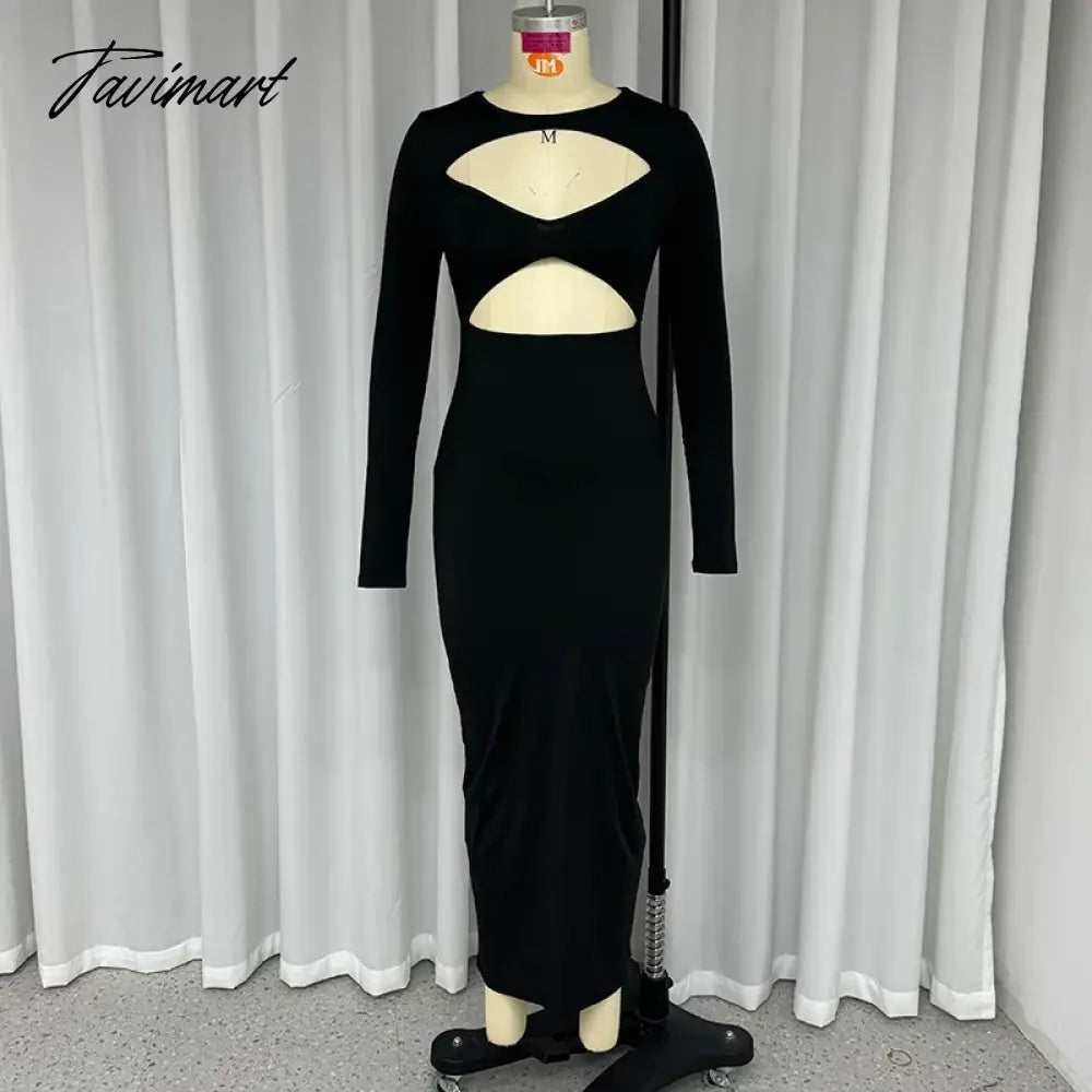 Women Long Dress Autumn Fashion Full Sleeve Solid Black Sexy Cutout Gown Elegant Bodycon Party Dress High Streetwear