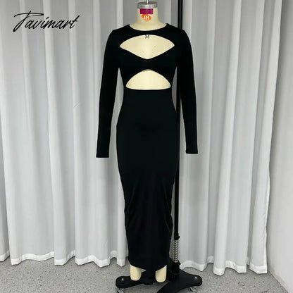 Women Long Dress Autumn Fashion Full Sleeve Solid Black Sexy Cutout Gown Elegant Bodycon Party Dress High Streetwear