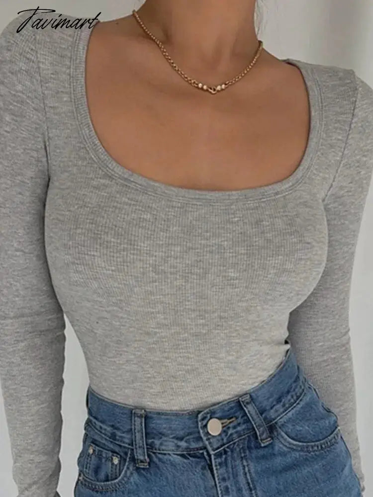 Women Long Sleeve T-Shirts Skinny All-match Sexy Square-Collar Tops Ladies Simple Fashion Elastic Vintage Chic Tees