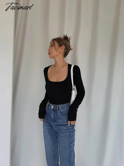 Women Long Sleeve T-Shirts Skinny All-match Sexy Square-Collar Tops Ladies Simple Fashion Elastic Vintage Chic Tees