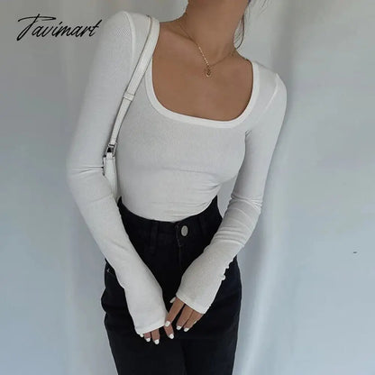 Women Long Sleeve T-Shirts Skinny All-match Sexy Square-Collar Tops Ladies Simple Fashion Elastic Vintage Chic Tees