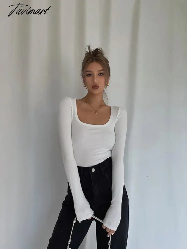 Women Long Sleeve T-Shirts Skinny All-match Sexy Square-Collar Tops Ladies Simple Fashion Elastic Vintage Chic Tees