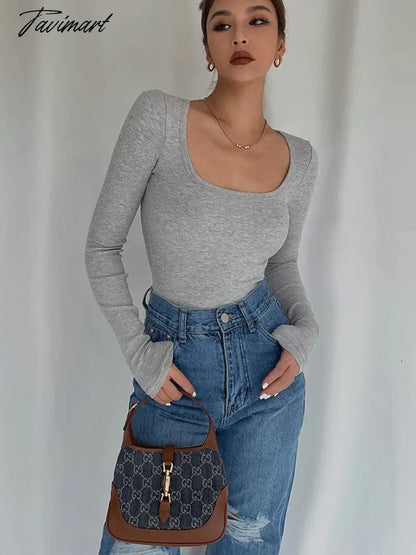 Women Long Sleeve T-Shirts Skinny All-match Sexy Square-Collar Tops Ladies Simple Fashion Elastic Vintage Chic Tees