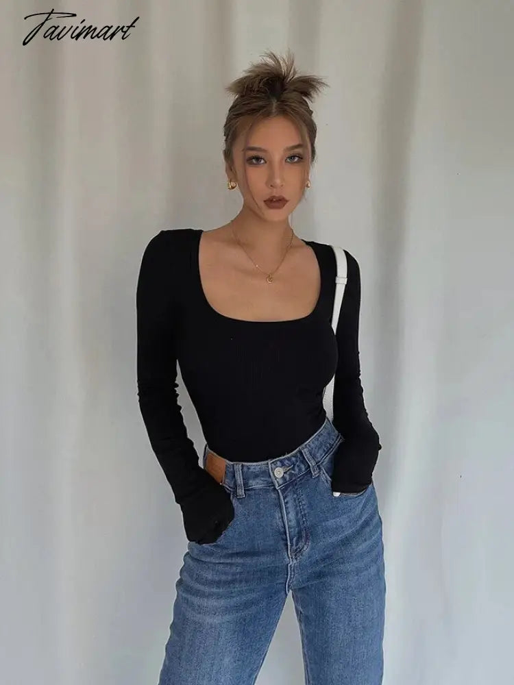 Women Long Sleeve T-Shirts Skinny All-match Sexy Square-Collar Tops Ladies Simple Fashion Elastic Vintage Chic Tees