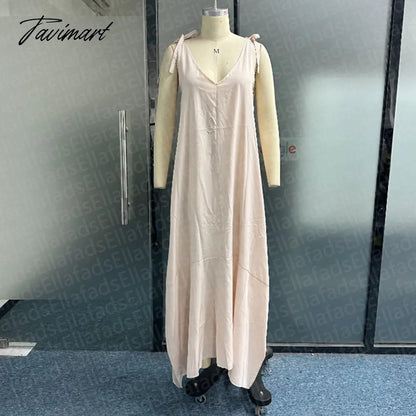Women Maxi Dress Summer Casual Solid Sleeveless V Neck Lace Up Loose Vacation Beach Dresses High Streetwear