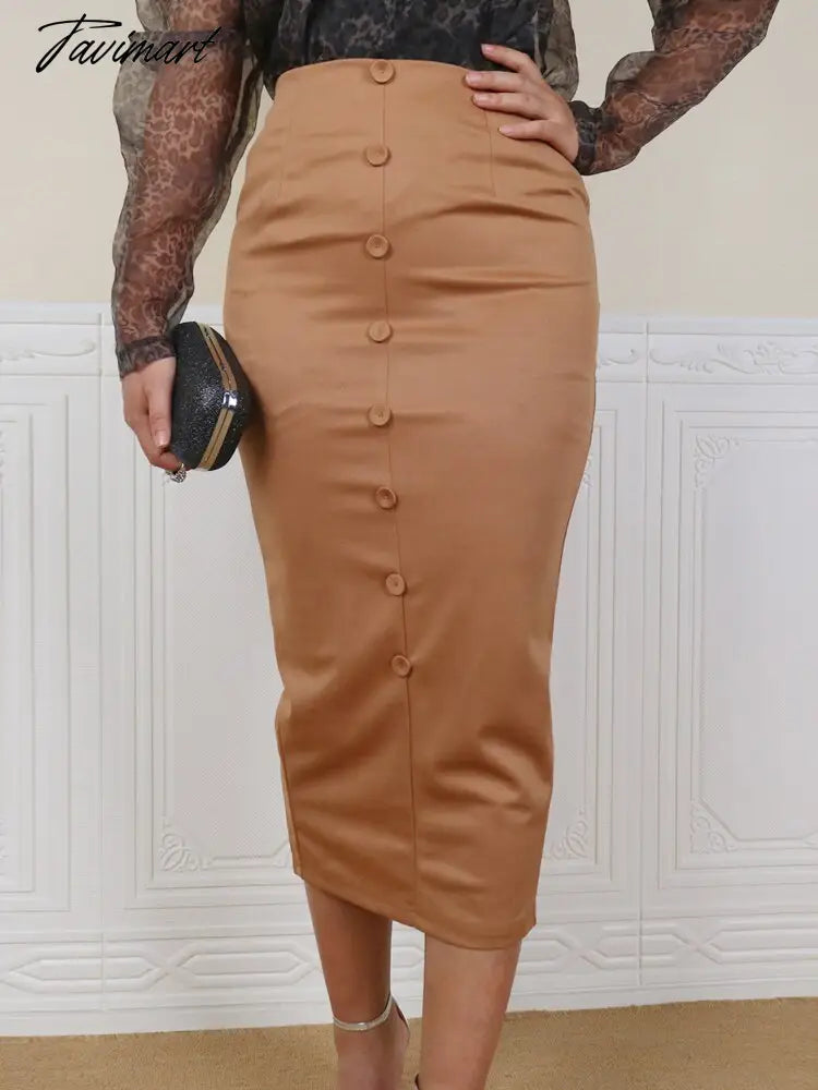 Women Midi Pencil Skirt Elegant High Waist Buttons Classy Khaki Elastic Bodycon Retro Jupes Falads Saias Fall Office Wear