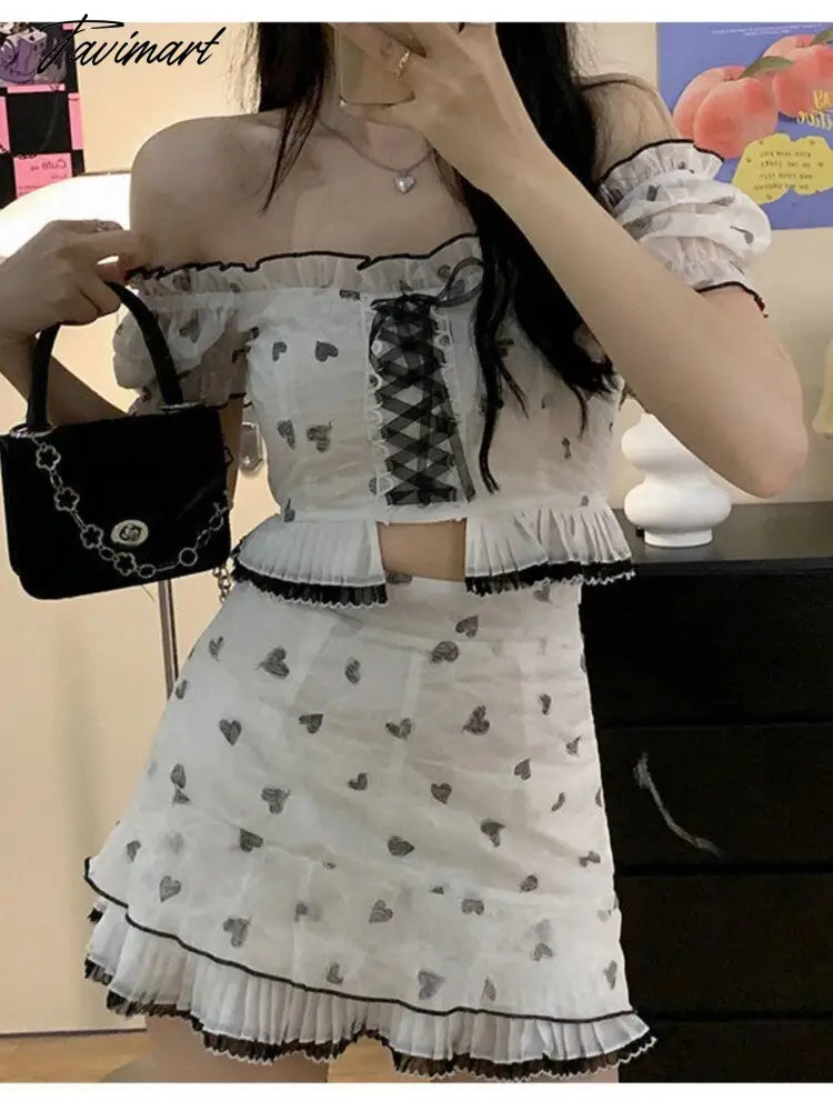 Women Midriff Puff Sleeve Kawaii Mini Skirt Set Female Korean Fashion Slim Fit Suit Summer Strappy Bow Sweet Two Piece Set