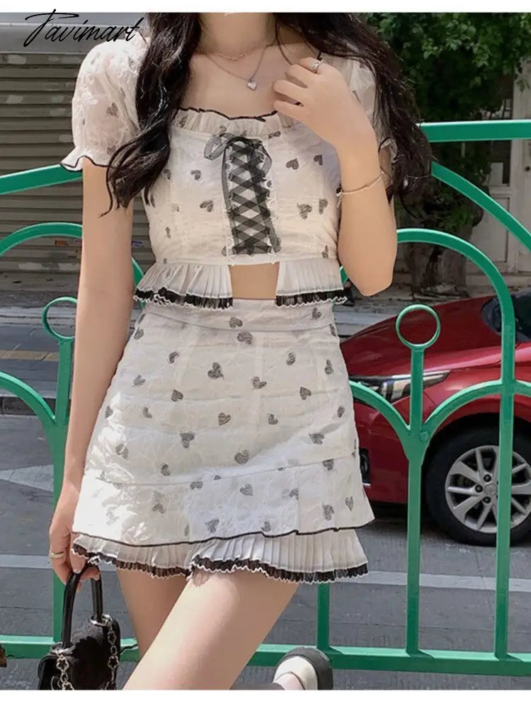 Women Midriff Puff Sleeve Kawaii Mini Skirt Set Female Korean Fashion Slim Fit Suit Summer Strappy Bow Sweet Two Piece Set