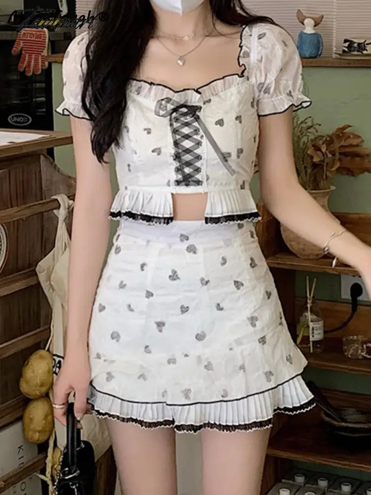 Women Midriff Puff Sleeve Kawaii Mini Skirt Set Female Korean Fashion Slim Fit Suit Summer Strappy Bow Sweet Two Piece Set