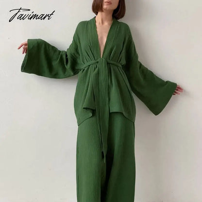 Women Pajamas Solid Color Cotton Breathable Sweat Clothes Tie-Up Two Piece Set Autumn French Loose Nightgown Trousers Suits