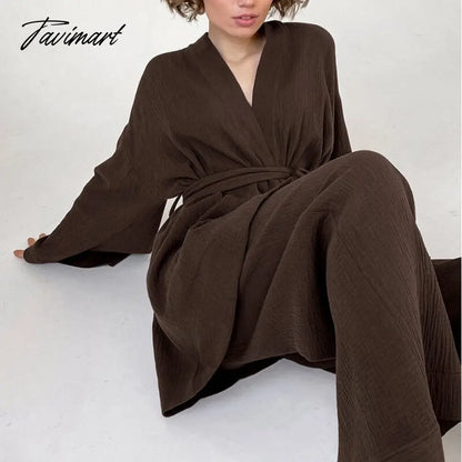 Women Pajamas Solid Color Cotton Breathable Sweat Clothes Tie-Up Two Piece Set Autumn French Loose Nightgown Trousers Suits