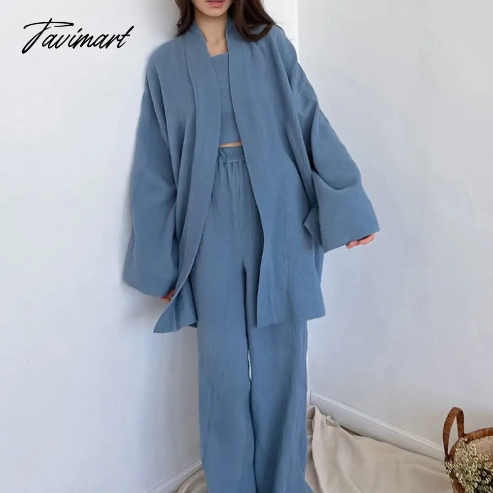 Women Pajamas Solid Color Cotton Breathable Sweat Clothes Tie-Up Two Piece Set Autumn French Loose Nightgown Trousers Suits