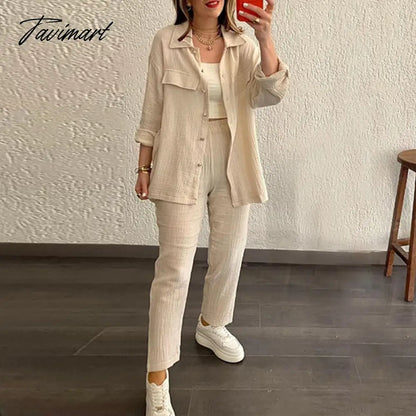 Women Pant Sets Long Sleeve Turn Down Collar Button Shirt Loose Wide Leg Trouser Suit Outfits Ladies Two Pieces Set Clothing