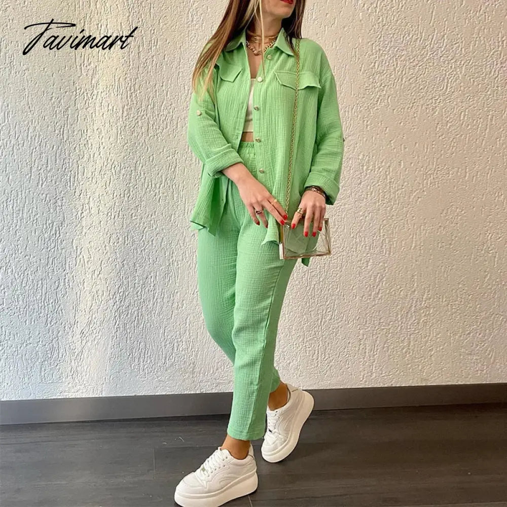 Women Pant Sets Long Sleeve Turn Down Collar Button Shirt Loose Wide Leg Trouser Suit Outfits Ladies Two Pieces Set Clothing