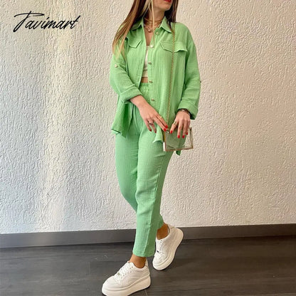 Women Pant Sets Long Sleeve Turn Down Collar Button Shirt Loose Wide Leg Trouser Suit Outfits Ladies Two Pieces Set Clothing