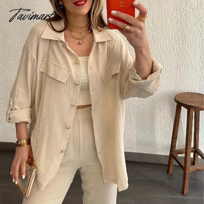 Women Pant Sets Long Sleeve Turn Down Collar Button Shirt Loose Wide Leg Trouser Suit Outfits Ladies Two Pieces Set Clothing