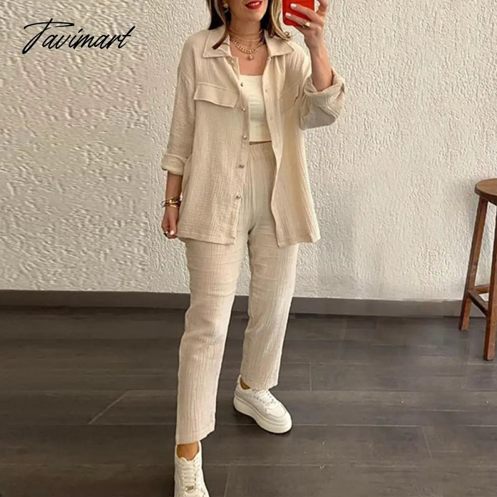 Women Pant Sets Long Sleeve Turn Down Collar Button Shirt Loose Wide Leg Trouser Suit Outfits Ladies Two Pieces Set Clothing