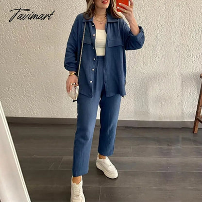 Women Pant Sets Long Sleeve Turn Down Collar Button Shirt Loose Wide Leg Trouser Suit Outfits Ladies Two Pieces Set Clothing