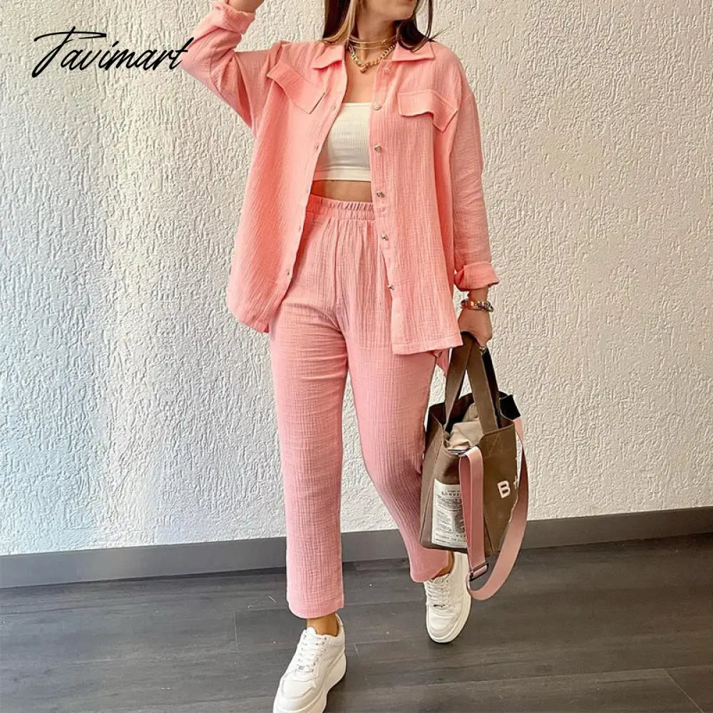 Women Pant Sets Long Sleeve Turn Down Collar Button Shirt Loose Wide Leg Trouser Suit Outfits Ladies Two Pieces Set Clothing