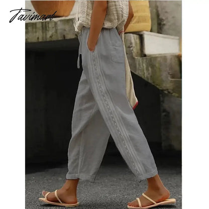 Women Pants Cotton Linen Solid Summer Female Pantalon Pockets Drawstring Casual Loose Straight Trousers Women's Clothing Pants
