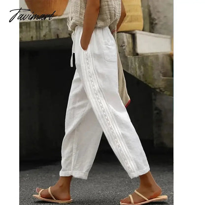 Women Pants Cotton Linen Solid Summer Female Pantalon Pockets Drawstring Casual Loose Straight Trousers Women's Clothing Pants