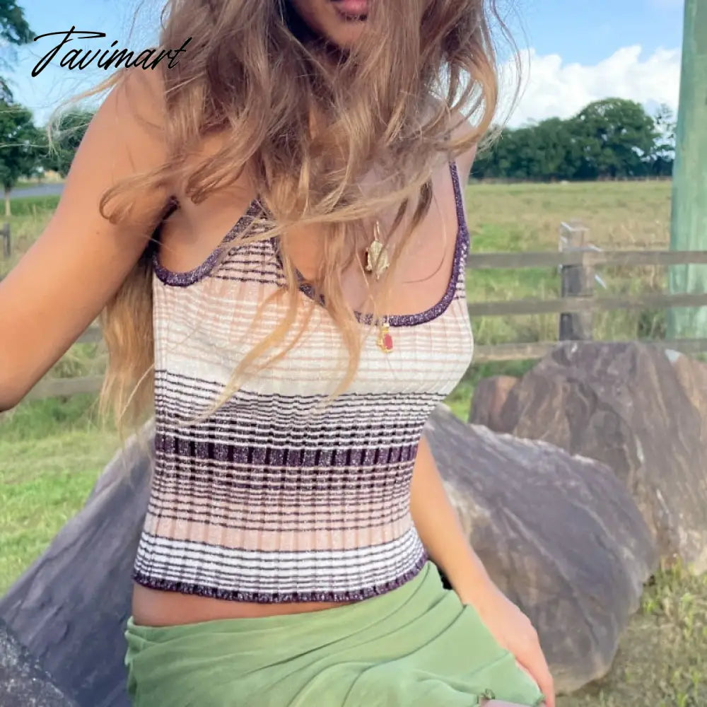 Women's Cami Crop Tops Sleeveless Spaghetti Strap Striped Tees Y2k Knitted Camisole Summer Vacation Beach Mini Camis