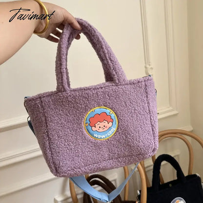 Women's Cartoon Lamb Down Shoulder Bag Large Capacity Crossbody Bags Plush Cute Handheld Tote Trendy Handbag