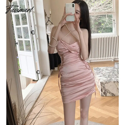 Women's Clothing Dress Romantic Retro Thai Tea Break French Pink Sweet Spicy Girl Sexy Neck Wrap Hip Wrap The Buttocks Short Ski