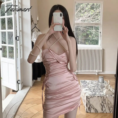 Women's Clothing Dress Romantic Retro Thai Tea Break French Pink Sweet Spicy Girl Sexy Neck Wrap Hip Wrap The Buttocks Short Ski