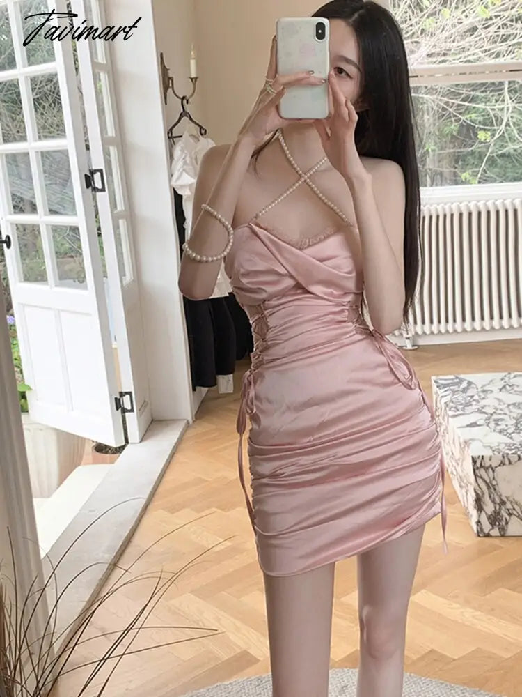 Women's Clothing Dress Romantic Retro Thai Tea Break French Pink Sweet Spicy Girl Sexy Neck Wrap Hip Wrap The Buttocks Short Ski
