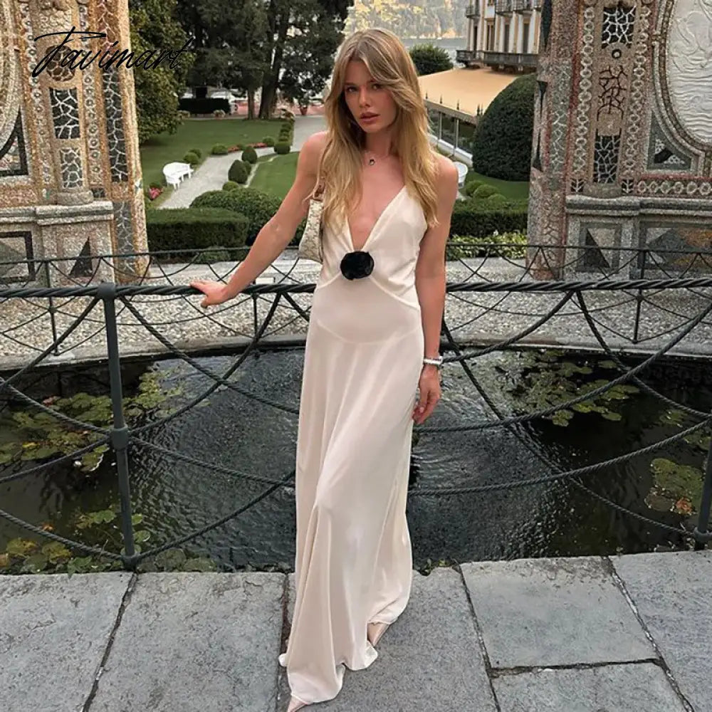 Women's Deep V-Neck Flower Maxi Dress, Sleeveless, Backless, Slip, Long, Evening Robes, Elegant, Party, Club, Sexy