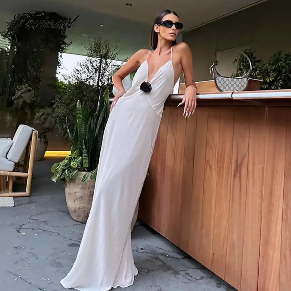 Women's Deep V-Neck Flower Maxi Dress, Sleeveless, Backless, Slip, Long, Evening Robes, Elegant, Party, Club, Sexy