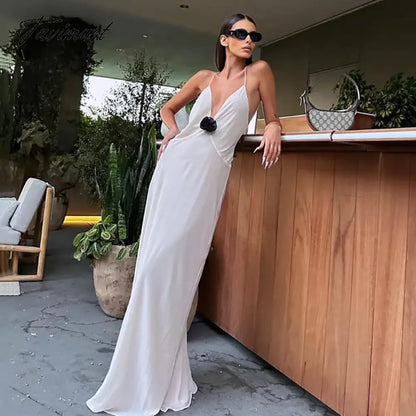 Women's Deep V-Neck Flower Maxi Dress, Sleeveless, Backless, Slip, Long, Evening Robes, Elegant, Party, Club, Sexy