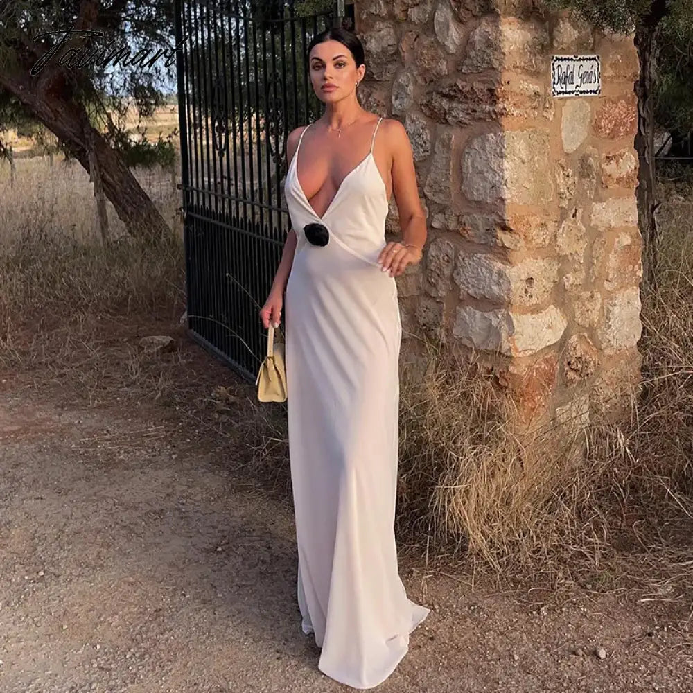 Women's Deep V-Neck Flower Maxi Dress, Sleeveless, Backless, Slip, Long, Evening Robes, Elegant, Party, Club, Sexy