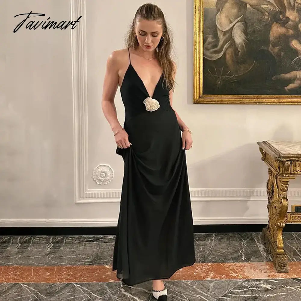 Women's Deep V-Neck Flower Maxi Dress, Sleeveless, Backless, Slip, Long, Evening Robes, Elegant, Party, Club, Sexy