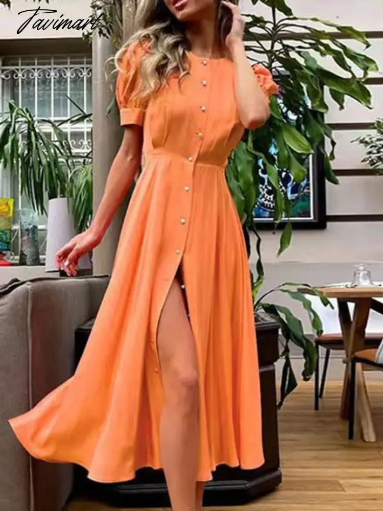 Women's Dress Single Breasted Lantern Sleeve A-line Dresses High Waist Split Mid-Length New Elegant and Pretty Dress for Women