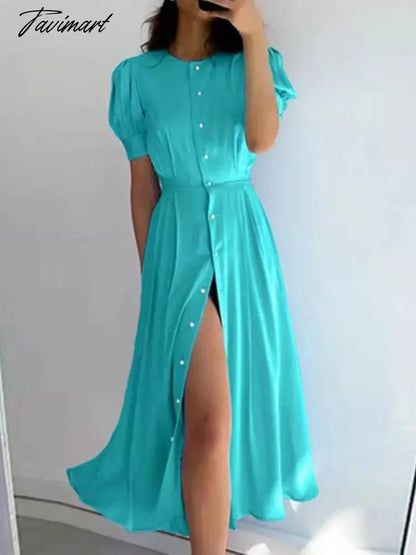 Women's Dress Single Breasted Lantern Sleeve A-line Dresses High Waist Split Mid-Length New Elegant and Pretty Dress for Women