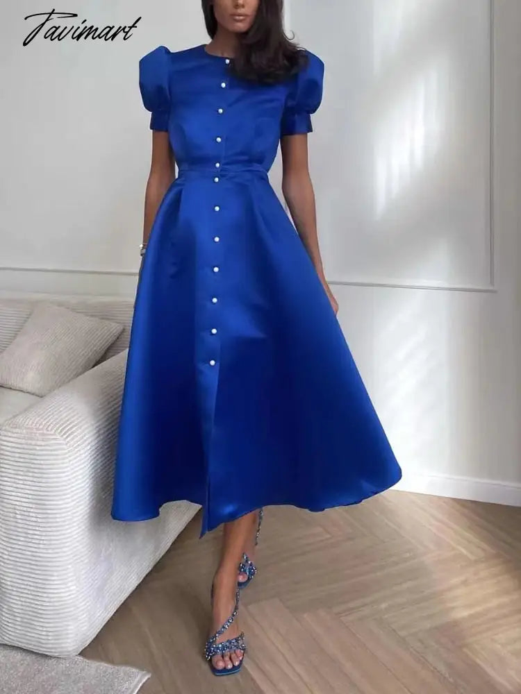 Women's Dress Single Breasted Lantern Sleeve A-line Dresses High Waist Split Mid-Length New Elegant and Pretty Dress for Women
