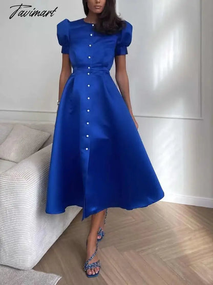Women's Dress Single Breasted Lantern Sleeve A-line Dresses High Waist Split Mid-Length New Elegant and Pretty Dress for Women