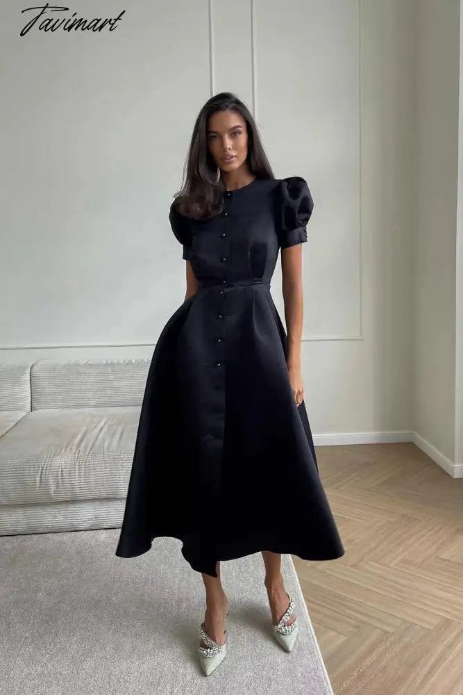 Women's Dress Single Breasted Lantern Sleeve A-line Dresses High Waist Split Mid-Length New Elegant and Pretty Dress for Women