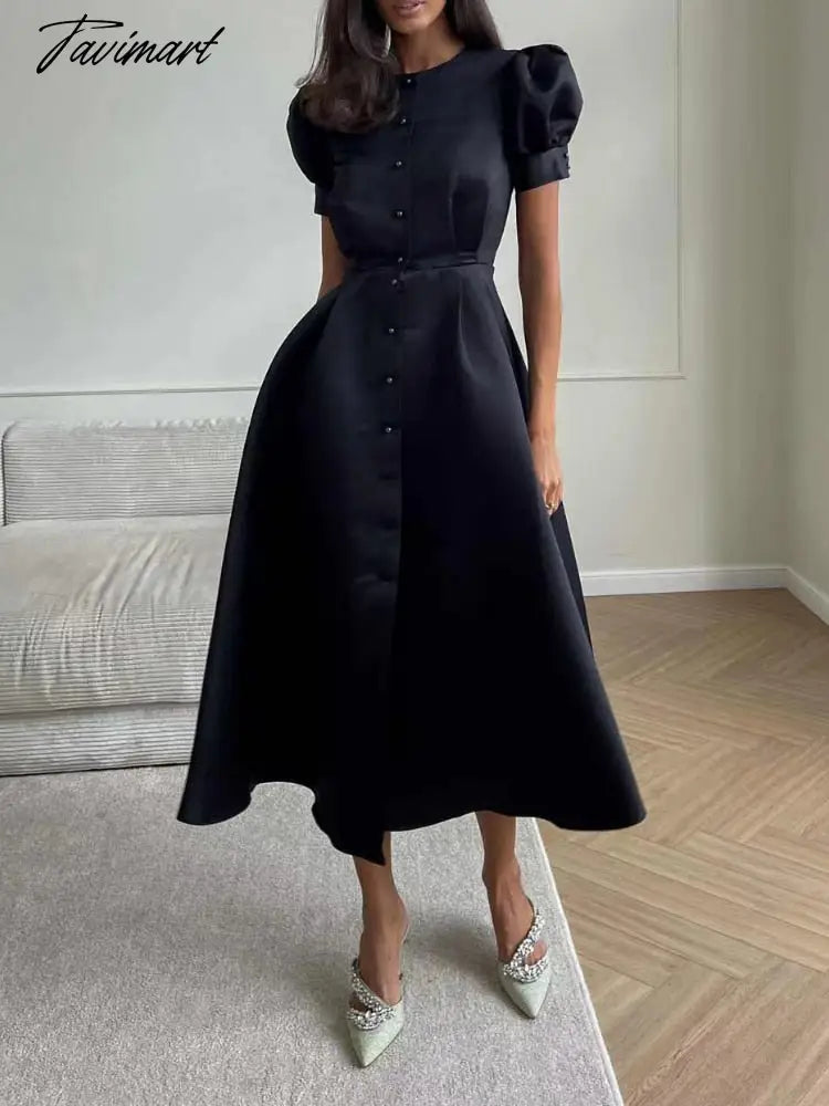 Women's Dress Single Breasted Lantern Sleeve A-line Dresses High Waist Split Mid-Length New Elegant and Pretty Dress for Women