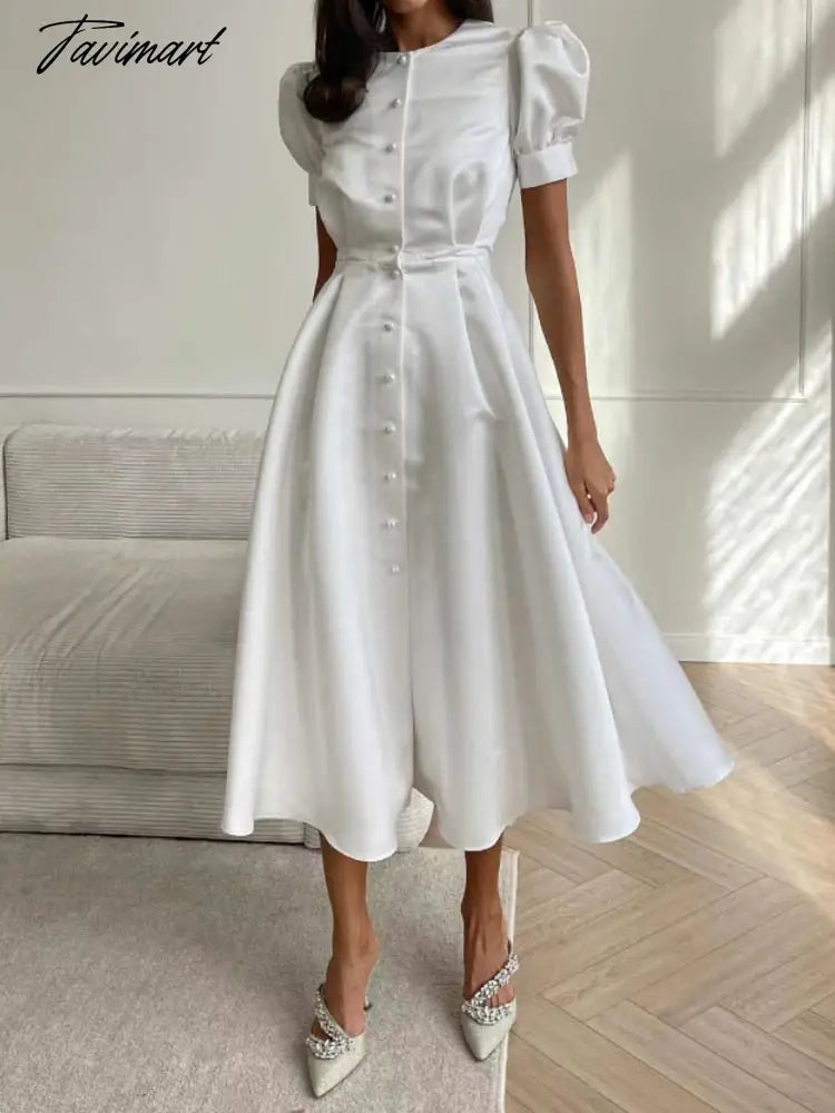 Women's Dress Single Breasted Lantern Sleeve A-line Dresses High Waist Split Mid-Length New Elegant and Pretty Dress for Women