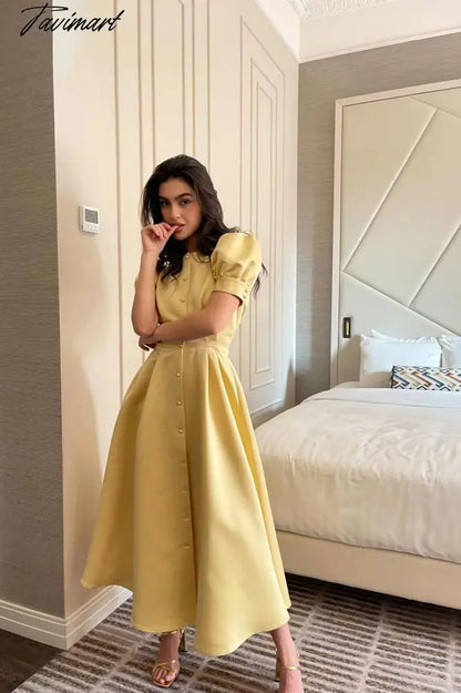 Women's Dress Single Breasted Lantern Sleeve A-line Dresses High Waist Split Mid-Length New Elegant and Pretty Dress for Women